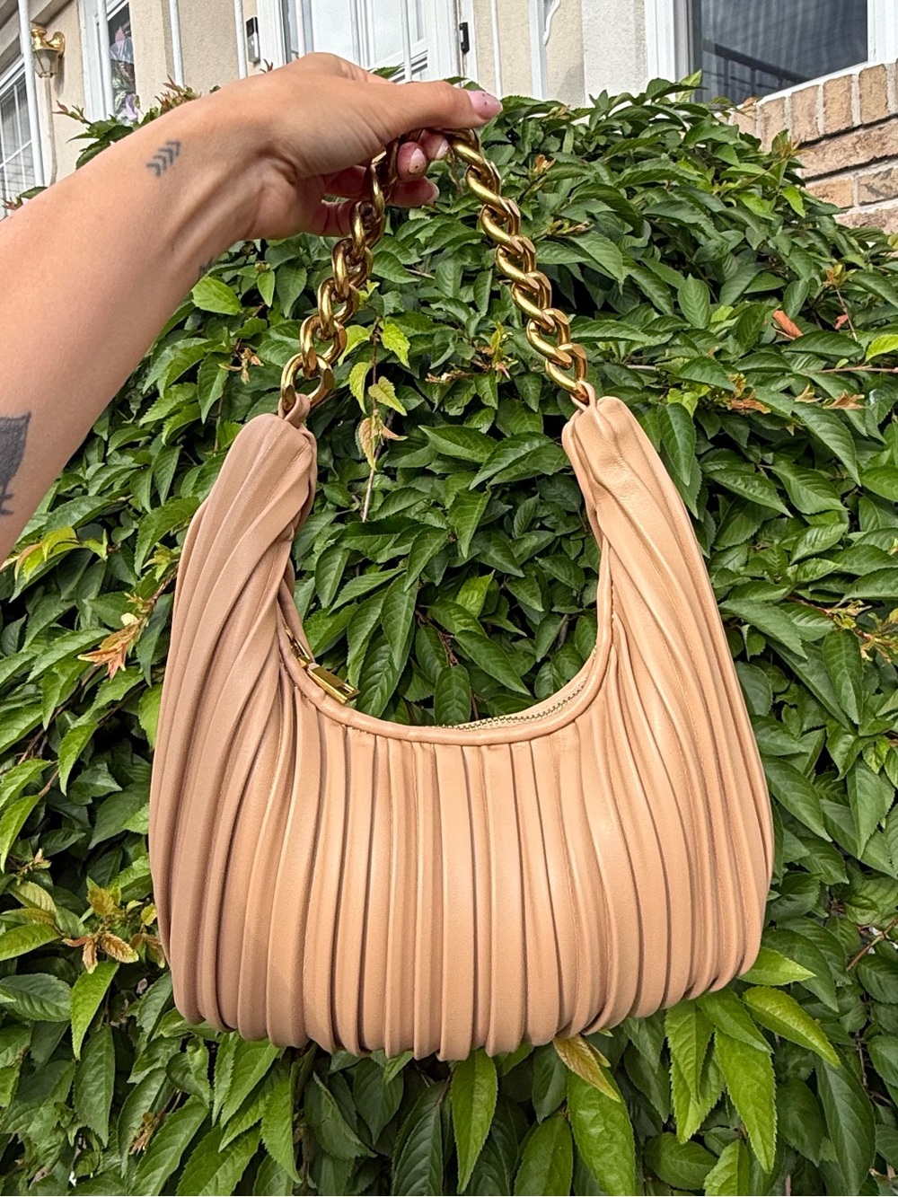NWOT Taupe Sardine-Style Puffy Crescent Hobo Shoulder Bag w/ Gold Chain